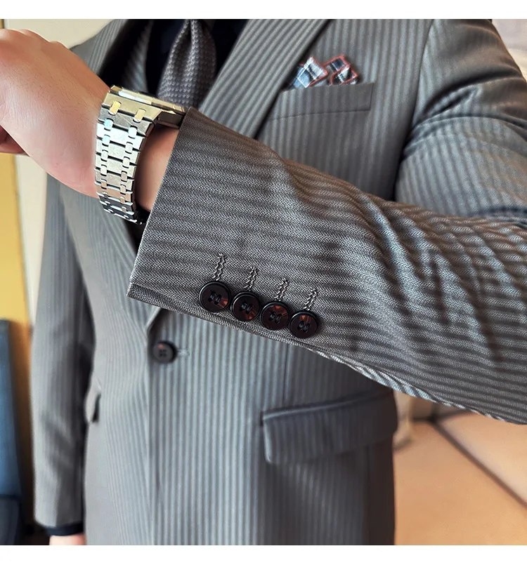 (Jackets+Pants+Vest) Luxury Stripe Men Suit Korean Version Fashion Elegant Slim Fit Tuxedo Formal Groom Wedding Social Suits