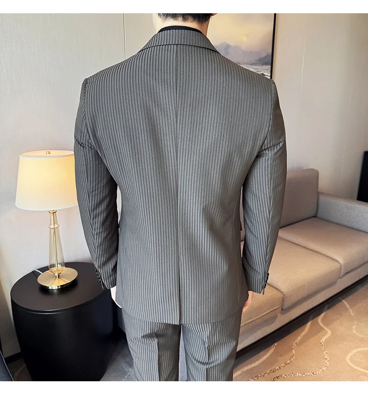 (Jackets+Pants+Vest) Luxury Stripe Men Suit Korean Version Fashion Elegant Slim Fit Tuxedo Formal Groom Wedding Social Suits