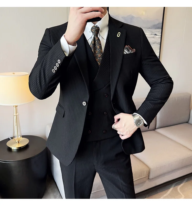 (Jackets+Pants+Vest) Luxury Stripe Men Suit Korean Version Fashion Elegant Slim Fit Tuxedo Formal Groom Wedding Social Suits