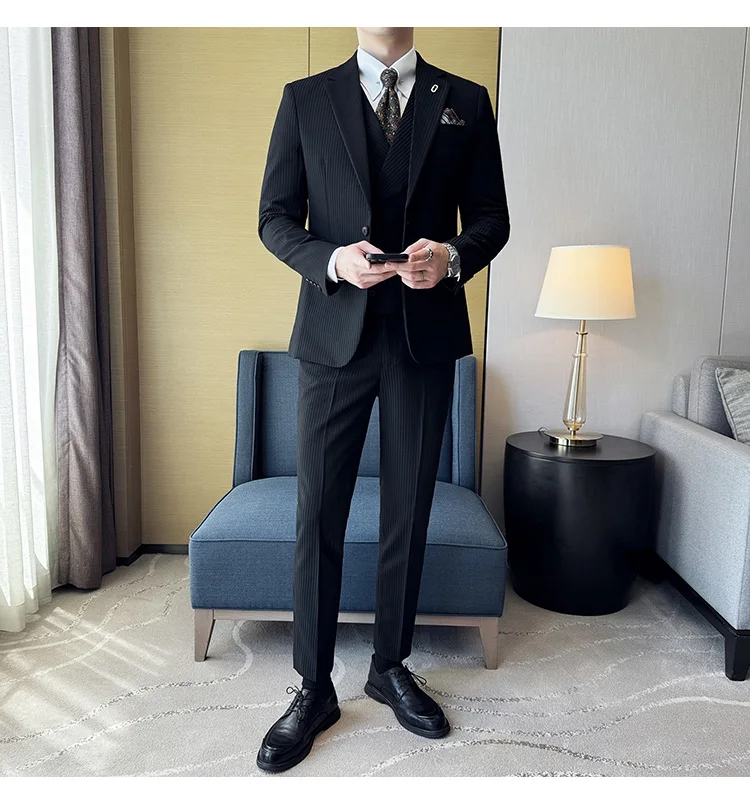 (Jackets+Pants+Vest) Luxury Stripe Men Suit Korean Version Fashion Elegant Slim Fit Tuxedo Formal Groom Wedding Social Suits