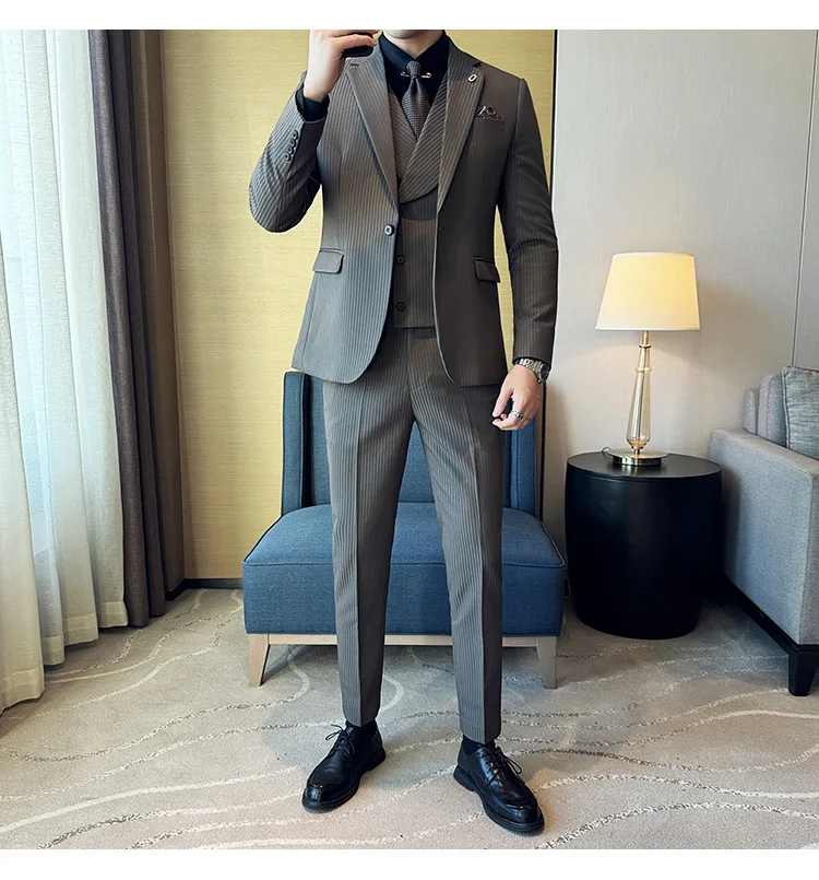 (Jackets+Pants+Vest) Luxury Stripe Men Suit Korean Version Fashion Elegant Slim Fit Tuxedo Formal Groom Wedding Social Suits
