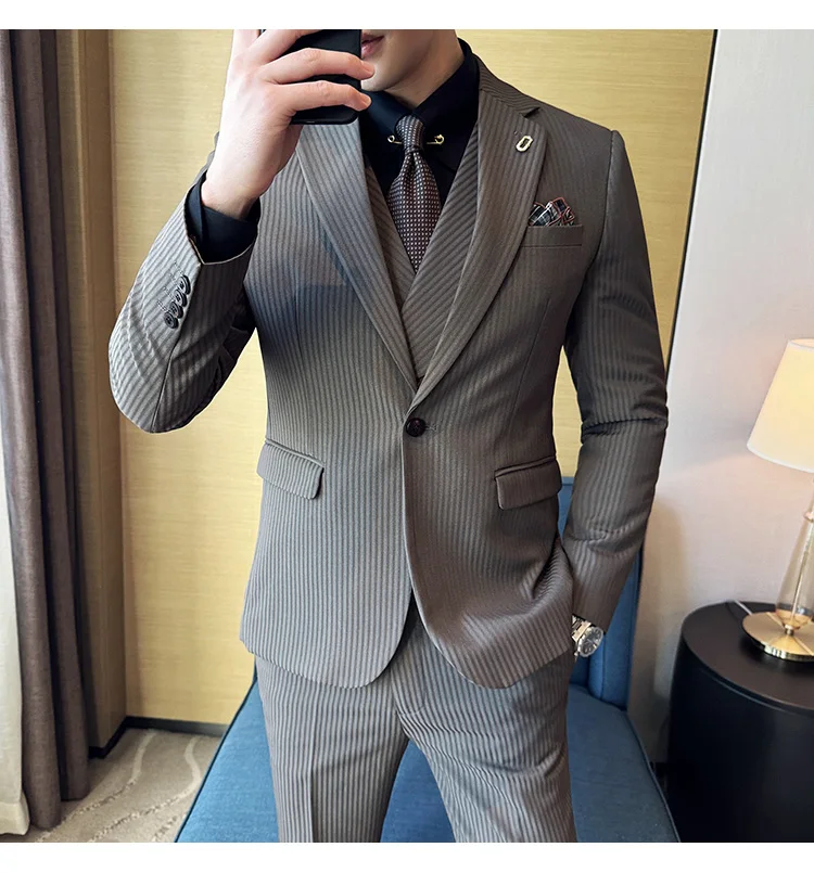 (Jackets+Pants+Vest) Luxury Stripe Men Suit Korean Version Fashion Elegant Slim Fit Tuxedo Formal Groom Wedding Social Suits