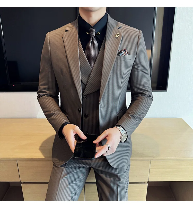 (Jackets+Pants+Vest) Luxury Stripe Men Suit Korean Version Fashion Elegant Slim Fit Tuxedo Formal Groom Wedding Social Suits