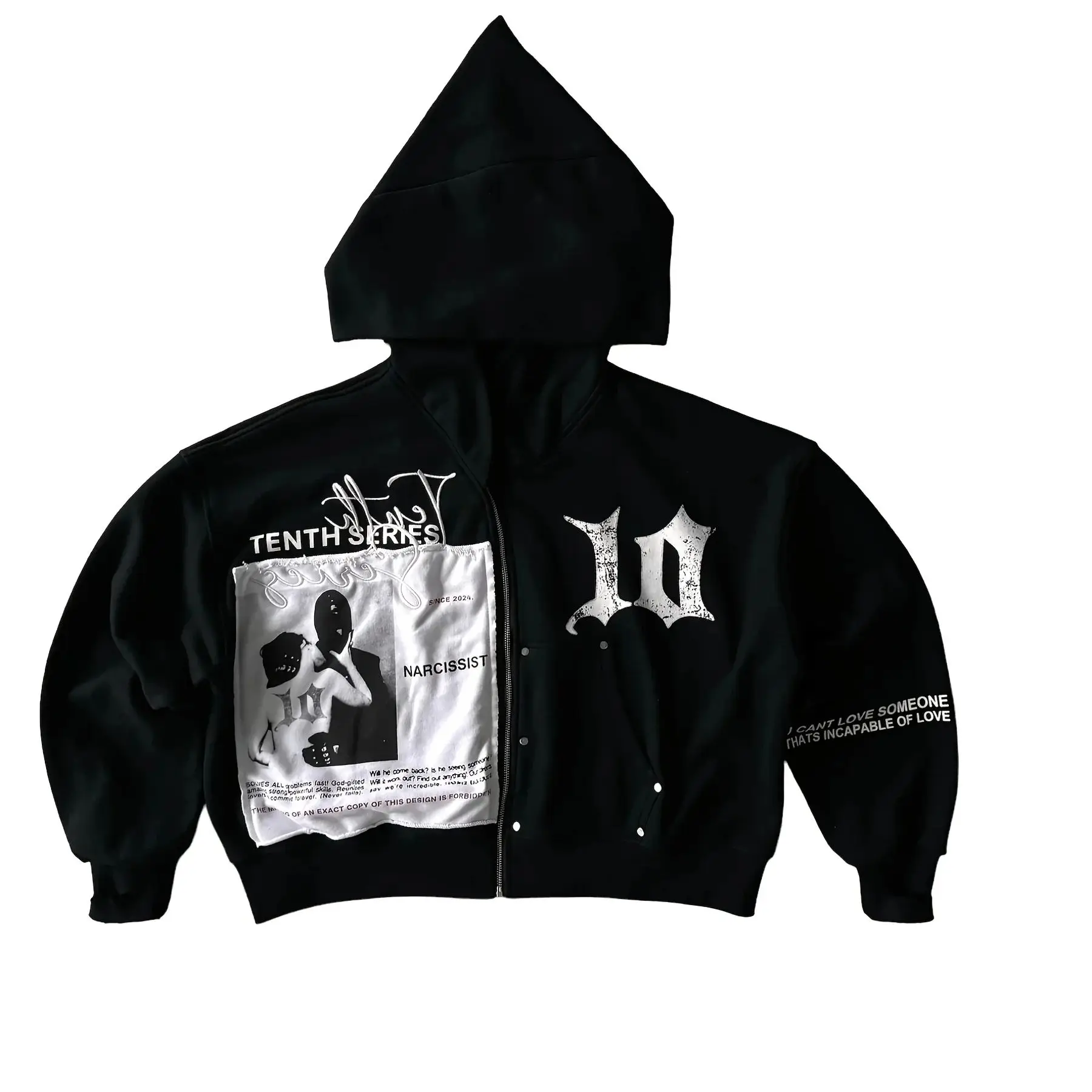 Men's Black Oversized Zip Up Hoodie "Tenth Series" Graphic Print Streetwear Jacket Y2K Sweatshirt