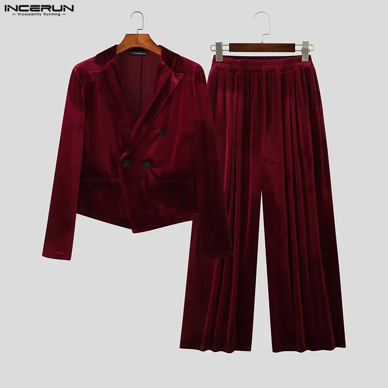 INCERUN Men Sets Solid Color Velour Lapel Long Sleeve Blazer & Pants Two Pieces Sets Streetwear Elegant Fashion Casual Men Suits