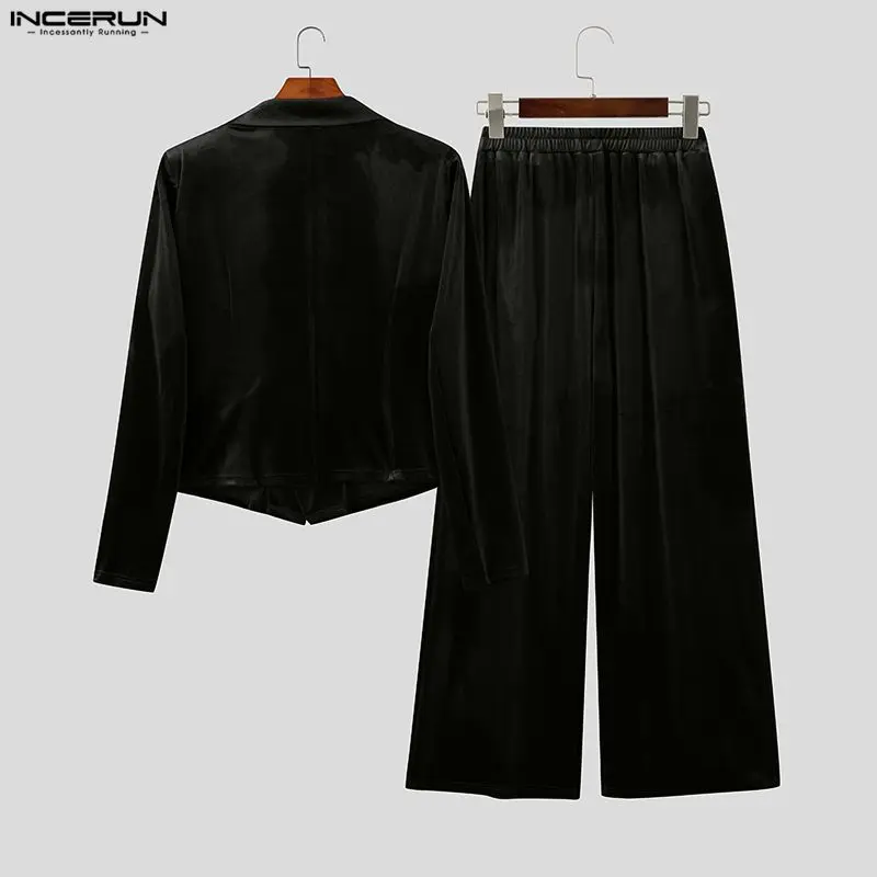 INCERUN Men Sets Solid Color Velour Lapel Long Sleeve Blazer & Pants Two Pieces Sets Streetwear Elegant Fashion Casual Men Suits