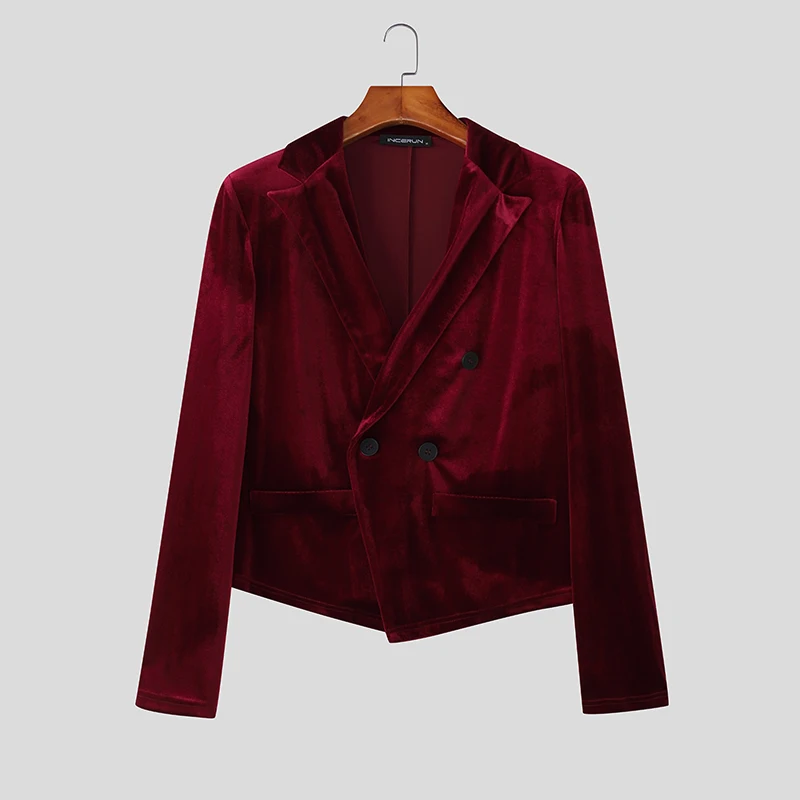 INCERUN Men Sets Solid Color Velour Lapel Long Sleeve Blazer & Pants Two Pieces Sets Streetwear Elegant Fashion Casual Men Suits