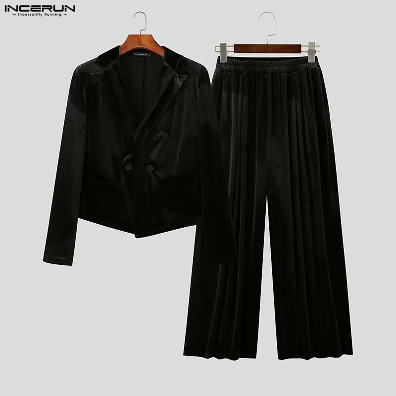 INCERUN Men Sets Solid Color Velour Lapel Long Sleeve Blazer & Pants Two Pieces Sets Streetwear Elegant Fashion Casual Men Suits
