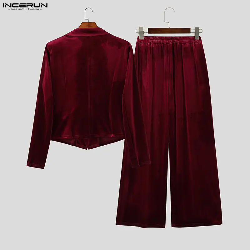 INCERUN Men Sets Solid Color Velour Lapel Long Sleeve Blazer & Pants Two Pieces Sets Streetwear Elegant Fashion Casual Men Suits