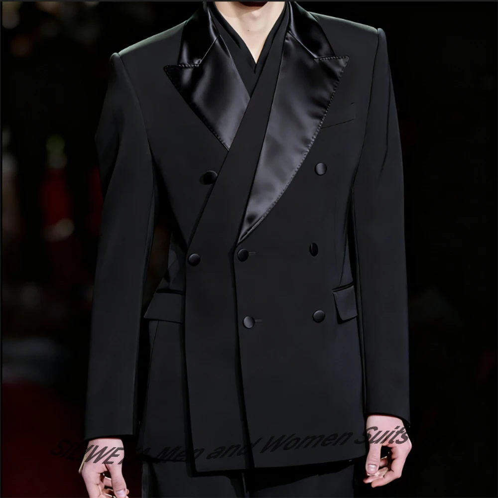 Black Men's Three Breasted Suits 2-piece Set Satin Peaked Lapel Blazer+Satin-trimmed Pants Formal Wedding Evening Party Outfit