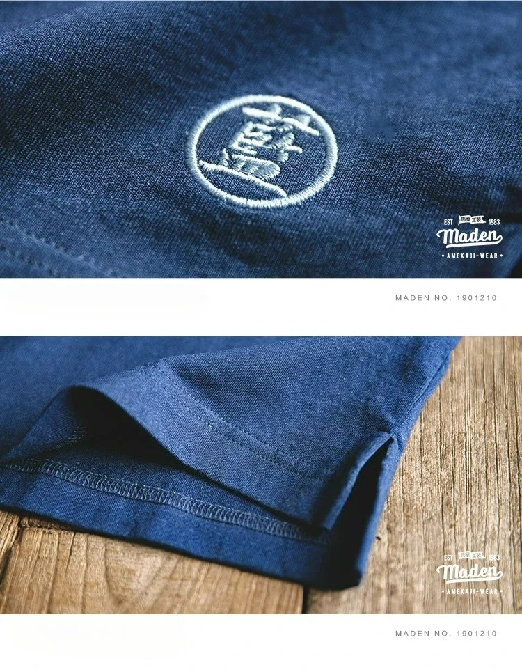 Maden Men's Vintage Indigo Lapel Polo Shirts Summer Casual Short Sleeve T-shirt with Pocket 100% Cotton Klein Blue Tees Tops