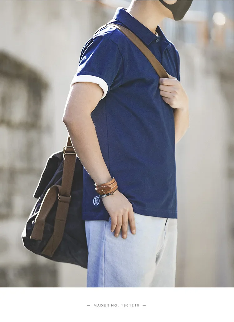 Maden Men's Vintage Indigo Lapel Polo Shirts Summer Casual Short Sleeve T-shirt with Pocket 100% Cotton Klein Blue Tees Tops