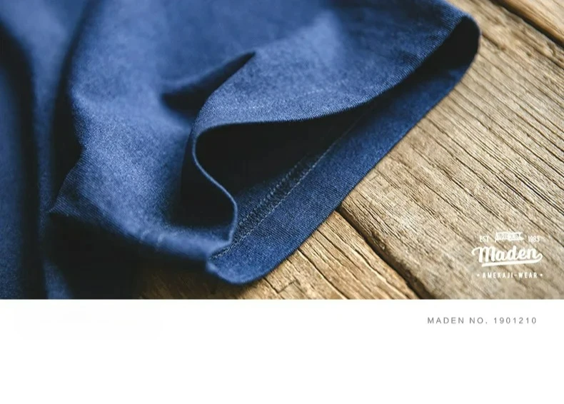 Maden Men's Vintage Indigo Lapel Polo Shirts Summer Casual Short Sleeve T-shirt with Pocket 100% Cotton Klein Blue Tees Tops