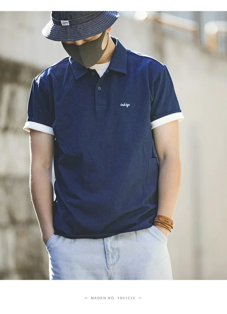 Maden Men's Vintage Indigo Lapel Polo Shirts Summer Casual Short Sleeve T-shirt with Pocket 100% Cotton Klein Blue Tees Tops