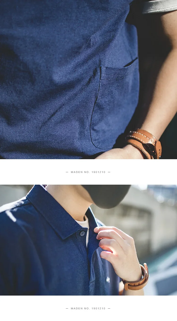 Maden Men's Vintage Indigo Lapel Polo Shirts Summer Casual Short Sleeve T-shirt with Pocket 100% Cotton Klein Blue Tees Tops