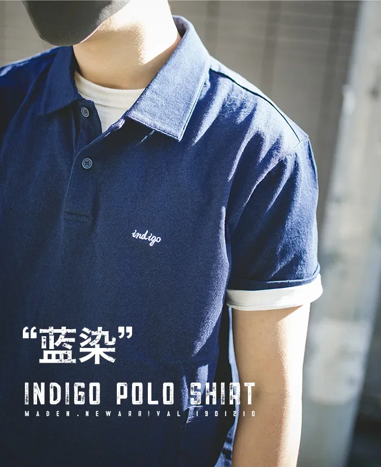 Maden Men's Vintage Indigo Lapel Polo Shirts Summer Casual Short Sleeve T-shirt with Pocket 100% Cotton Klein Blue Tees Tops
