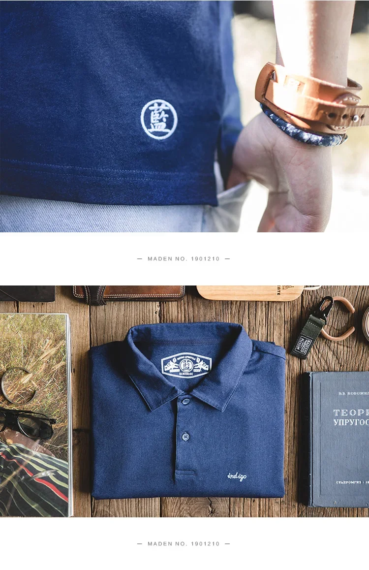 Maden Men's Vintage Indigo Lapel Polo Shirts Summer Casual Short Sleeve T-shirt with Pocket 100% Cotton Klein Blue Tees Tops