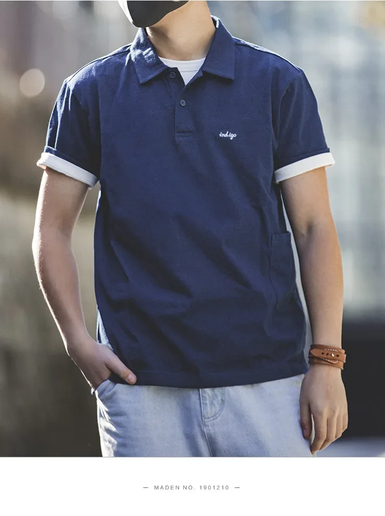 Maden Men's Vintage Indigo Lapel Polo Shirts Summer Casual Short Sleeve T-shirt with Pocket 100% Cotton Klein Blue Tees Tops