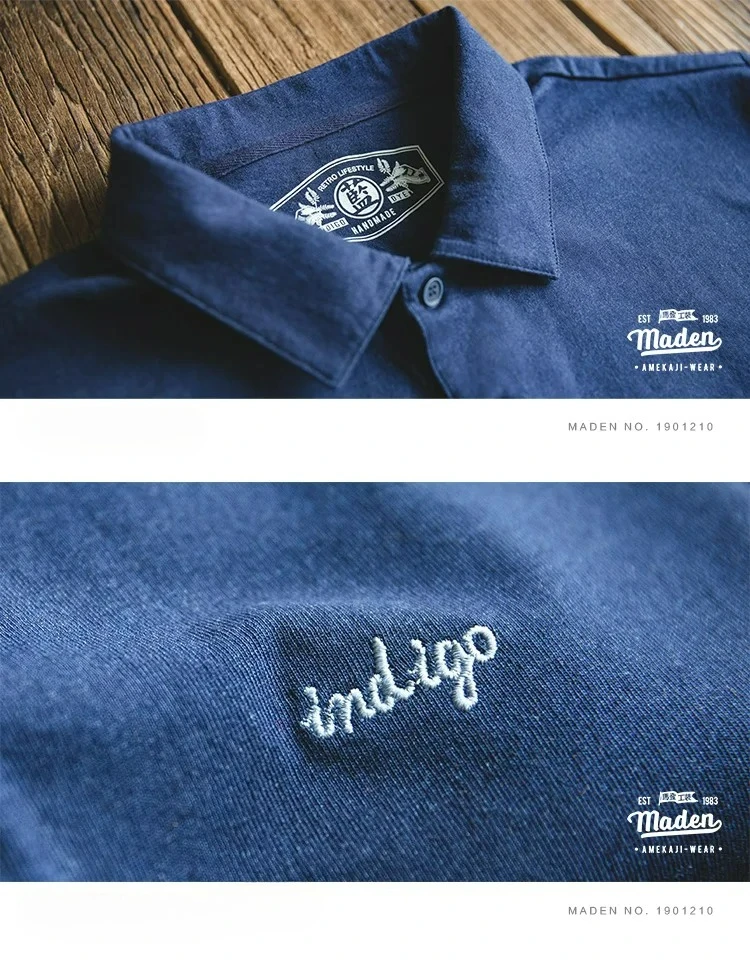 Maden Men's Vintage Indigo Lapel Polo Shirts Summer Casual Short Sleeve T-shirt with Pocket 100% Cotton Klein Blue Tees Tops