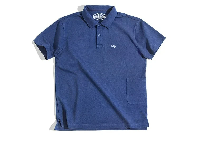 Maden Men's Vintage Indigo Lapel Polo Shirts Summer Casual Short Sleeve T-shirt with Pocket 100% Cotton Klein Blue Tees Tops