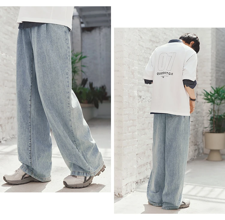 Semir Men Pants Denim Cotton Skin Friendly Loose Wide Leg Elastic Waist Drawstring Micro Pleated 2026 Summer Casual Style Fashio