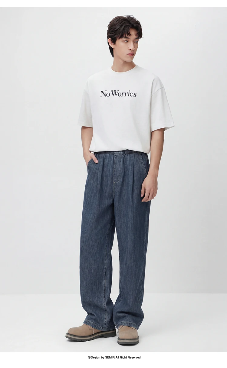 Semir Men Pants Denim Cotton Skin Friendly Loose Wide Leg Elastic Waist Drawstring Micro Pleated 2026 Summer Casual Style Fashio