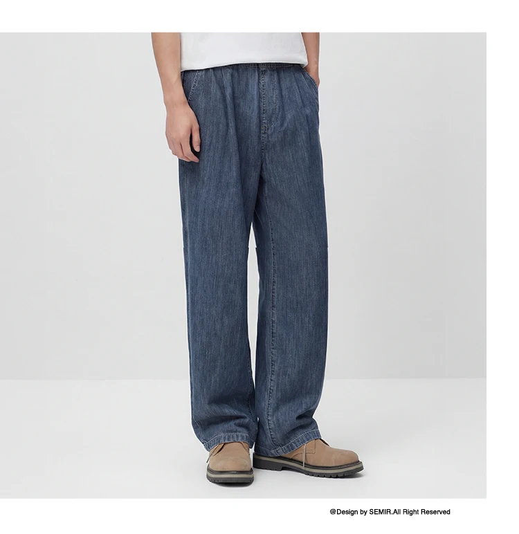 Semir Men Pants Denim Cotton Skin Friendly Loose Wide Leg Elastic Waist Drawstring Micro Pleated 2026 Summer Casual Style Fashio