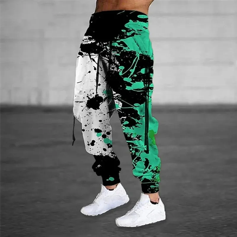 Men's casual jogging trousers with oil paint splash prints, suitable for outdoor autumn and winter fashion drawstring sweatpants