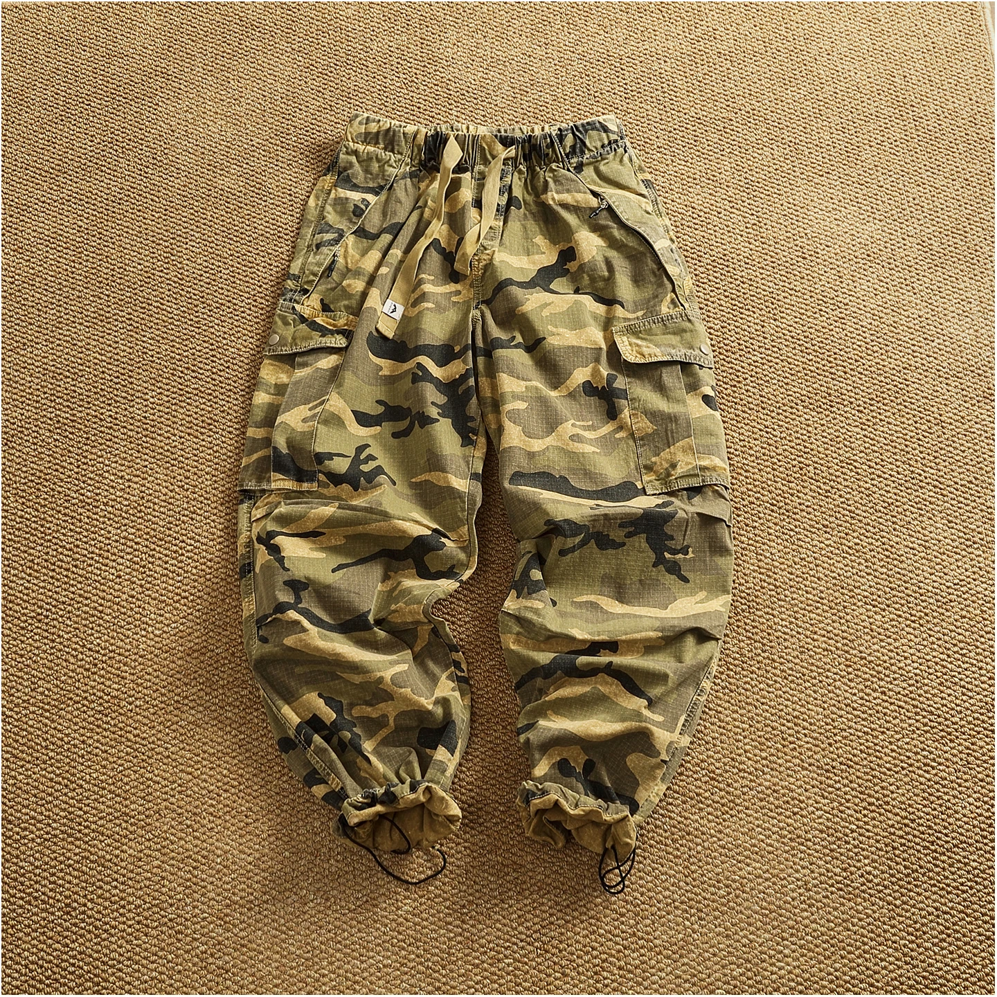 Men's new retro American woven fabric loose street elastic waist multi-pocket overalls