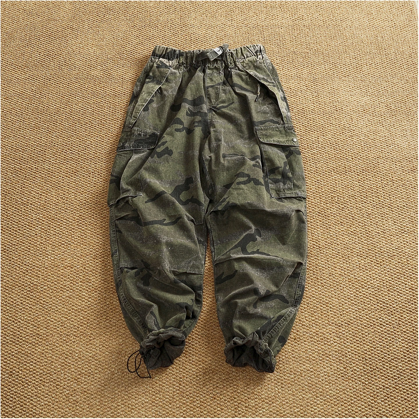 Men's new retro American woven fabric loose street elastic waist multi-pocket overalls