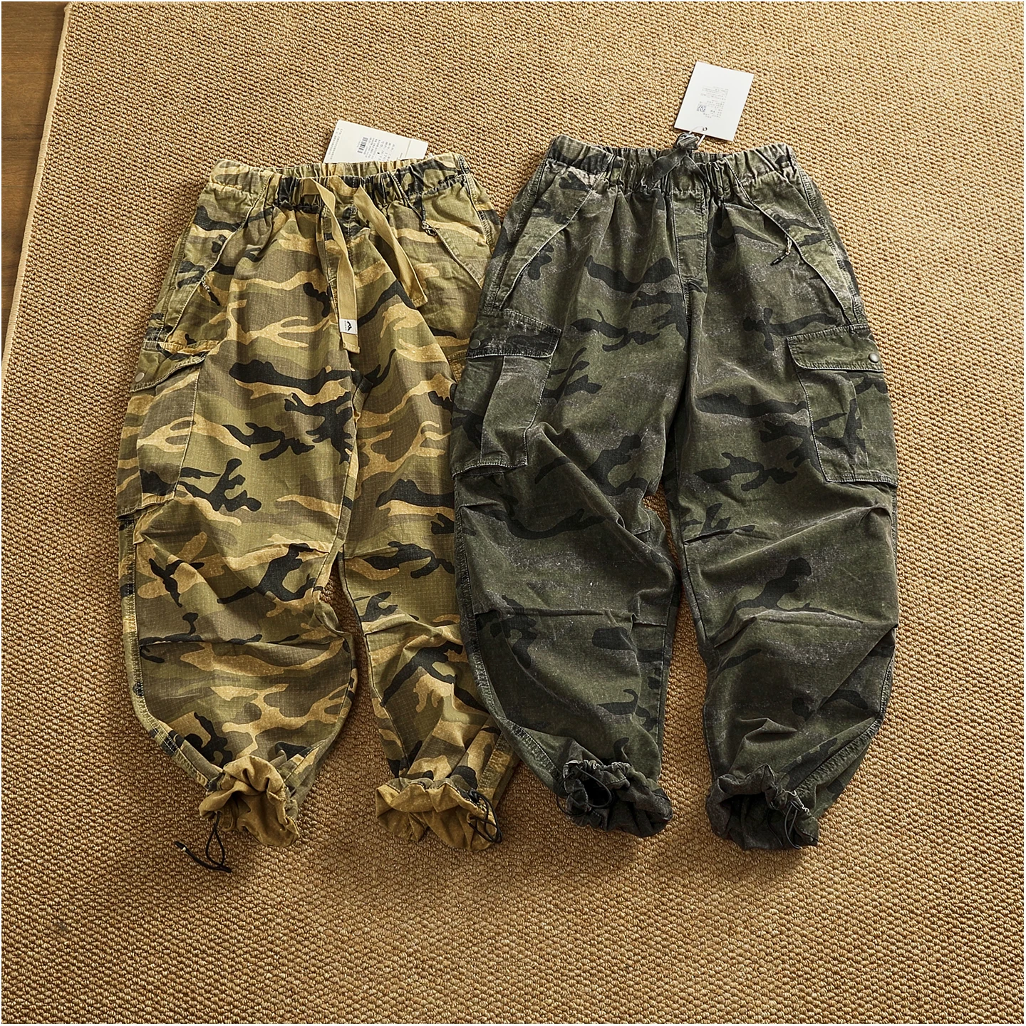 Men's new retro American woven fabric loose street elastic waist multi-pocket overalls
