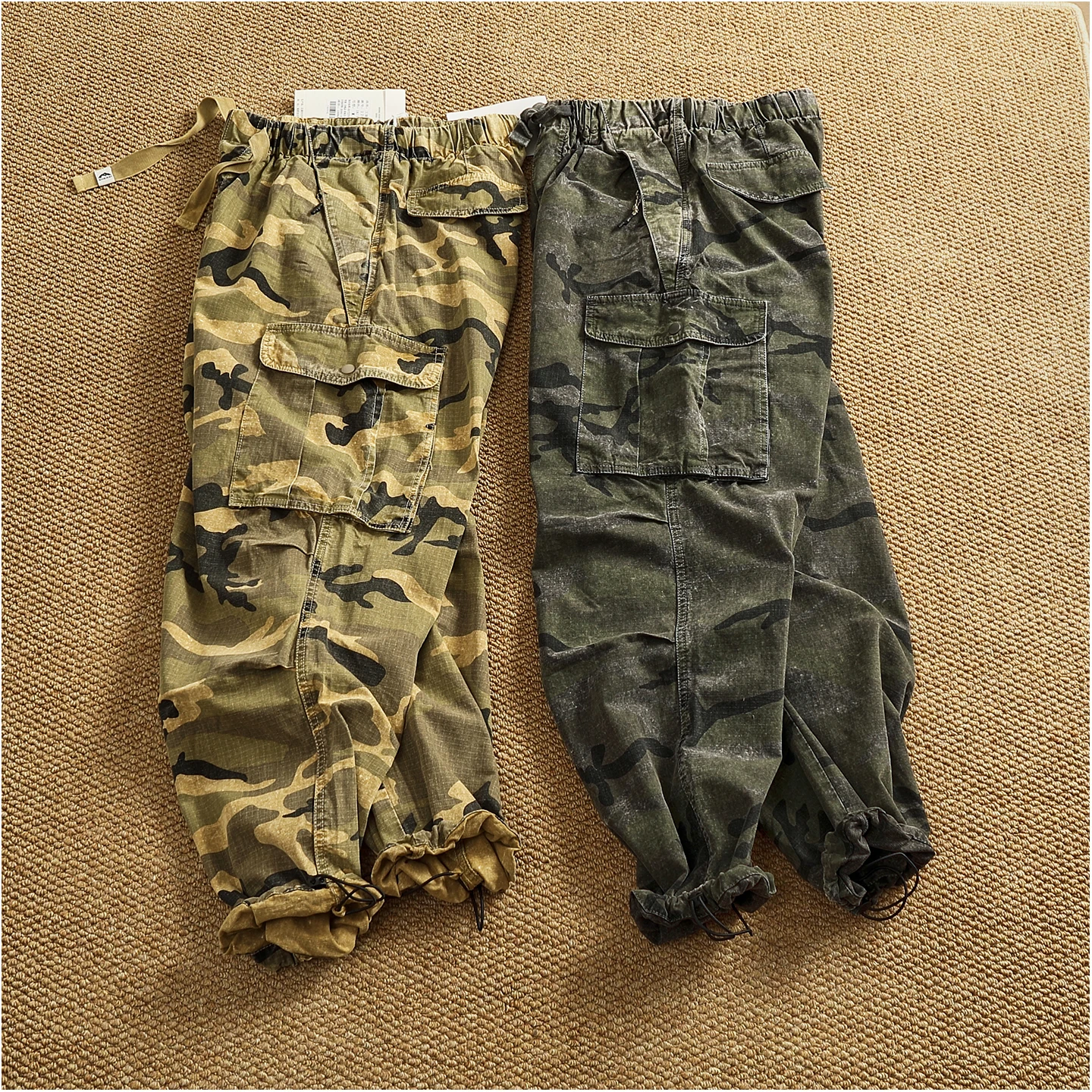 Men's new retro American woven fabric loose street elastic waist multi-pocket overalls