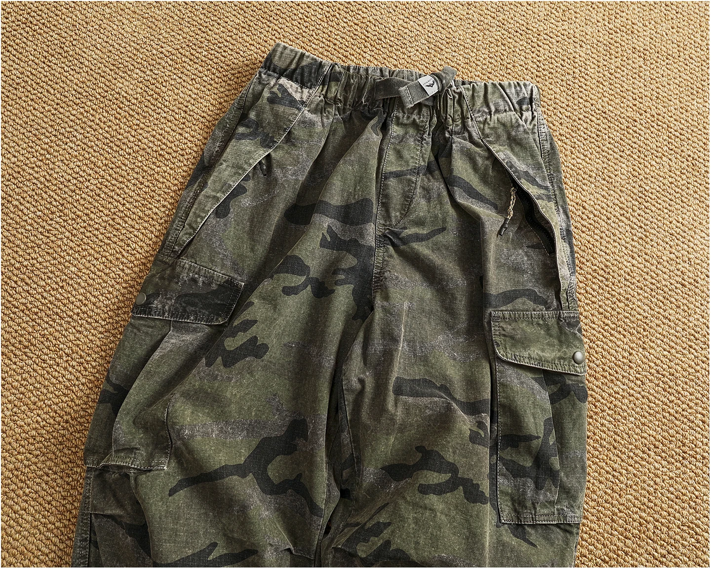 Men's new retro American woven fabric loose street elastic waist multi-pocket overalls