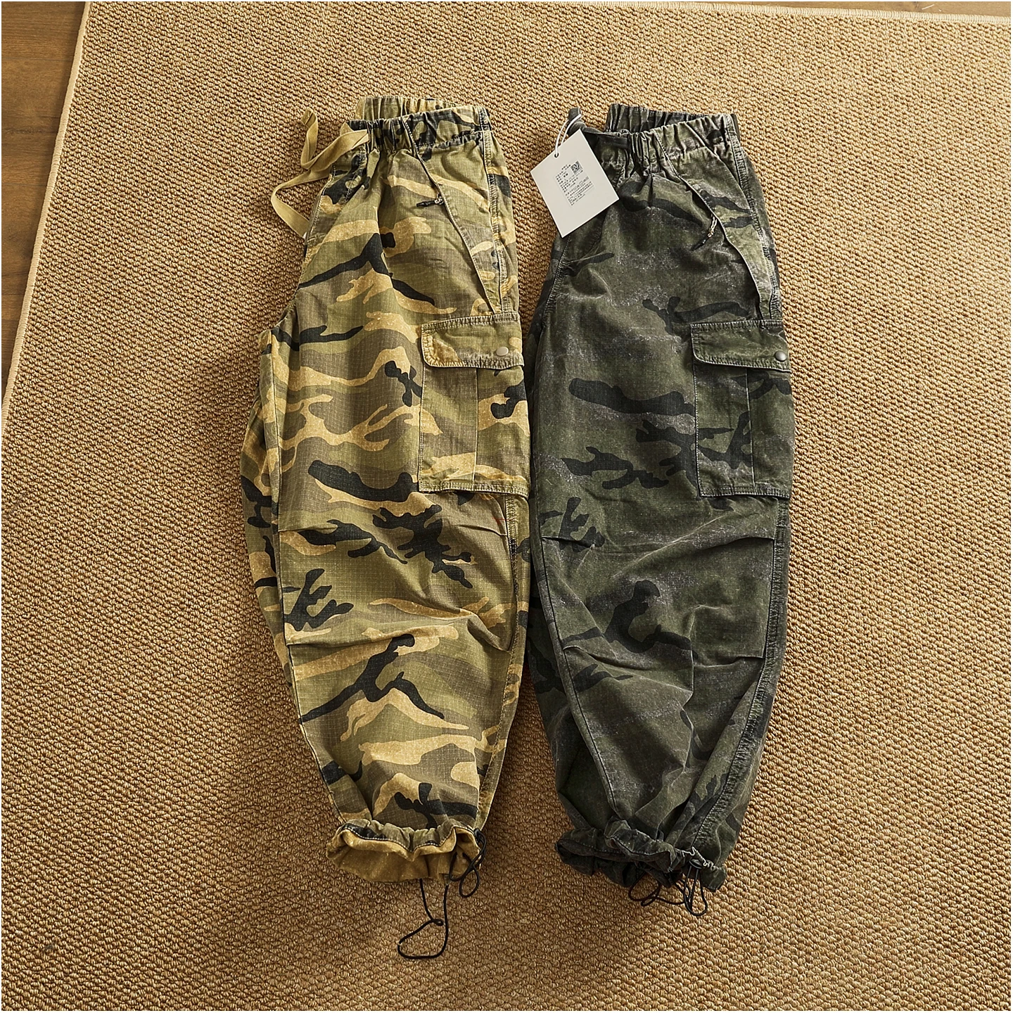 Men's new retro American woven fabric loose street elastic waist multi-pocket overalls