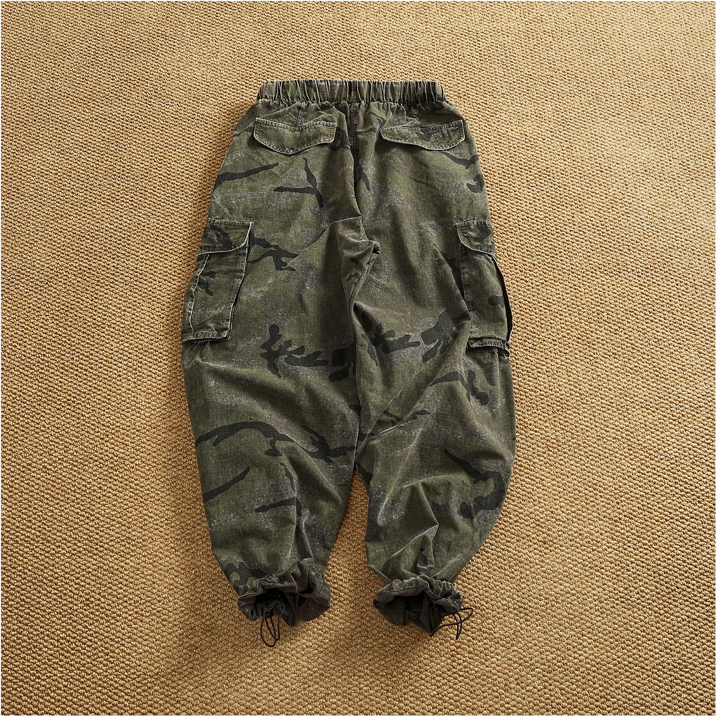 Men's new retro American woven fabric loose street elastic waist multi-pocket overalls