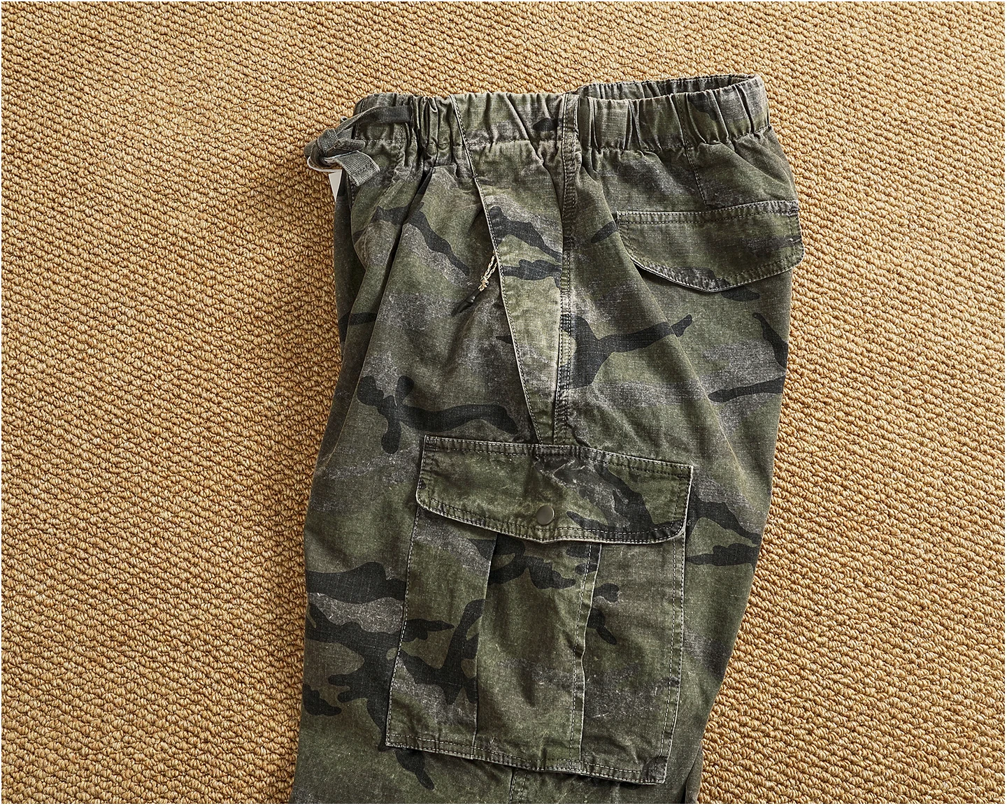 Men's new retro American woven fabric loose street elastic waist multi-pocket overalls