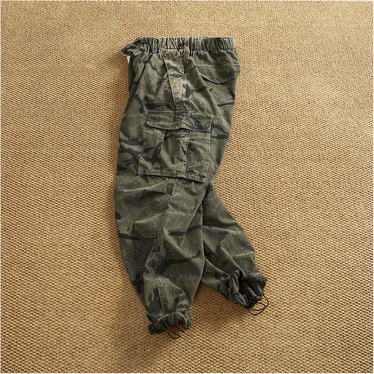Men's new retro American woven fabric loose street elastic waist multi-pocket overalls