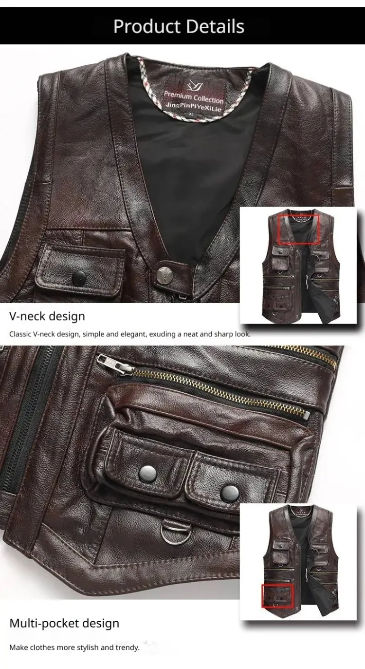 6XL Big Size Men's Real Leather Vest Genuine Sheepskin Thick Warm Quilted Lining Outdoor Fishing Waistcoat Multi-pocket Gilet