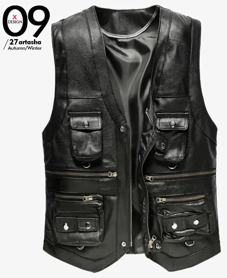 6XL Big Size Men's Real Leather Vest Genuine Sheepskin Thick Warm Quilted Lining Outdoor Fishing Waistcoat Multi-pocket Gilet