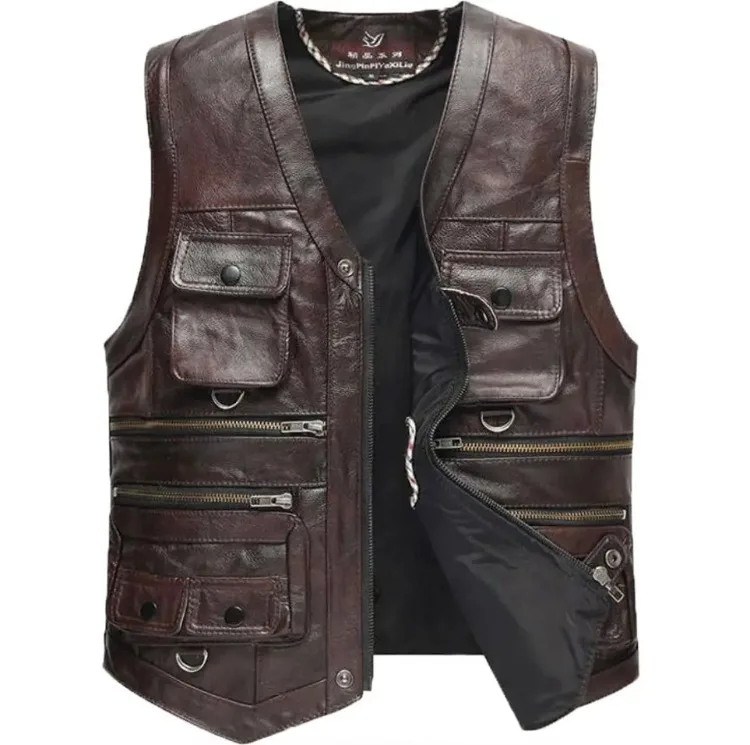 6XL Big Size Men's Real Leather Vest Genuine Sheepskin Thick Warm Quilted Lining Outdoor Fishing Waistcoat Multi-pocket Gilet