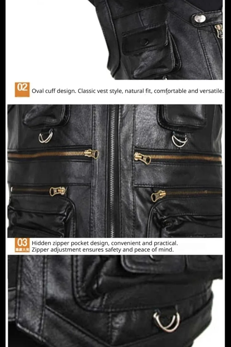 6XL Big Size Men's Real Leather Vest Genuine Sheepskin Thick Warm Quilted Lining Outdoor Fishing Waistcoat Multi-pocket Gilet