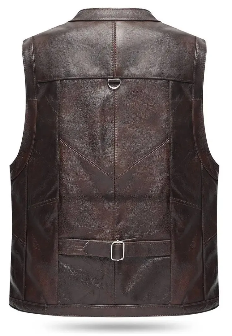 6XL Big Size Men's Real Leather Vest Genuine Sheepskin Thick Warm Quilted Lining Outdoor Fishing Waistcoat Multi-pocket Gilet