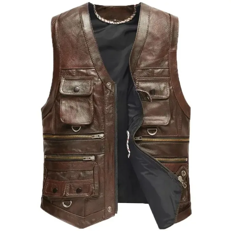 6XL Big Size Men's Real Leather Vest Genuine Sheepskin Thick Warm Quilted Lining Outdoor Fishing Waistcoat Multi-pocket Gilet