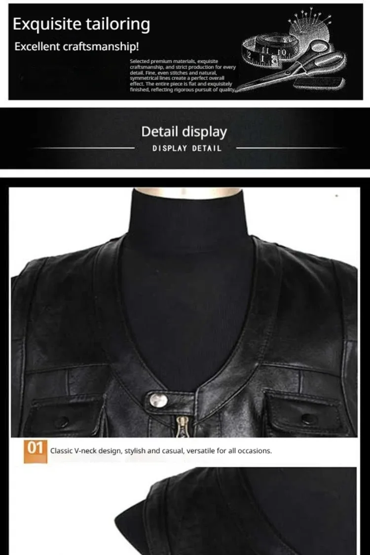 6XL Big Size Men's Real Leather Vest Genuine Sheepskin Thick Warm Quilted Lining Outdoor Fishing Waistcoat Multi-pocket Gilet