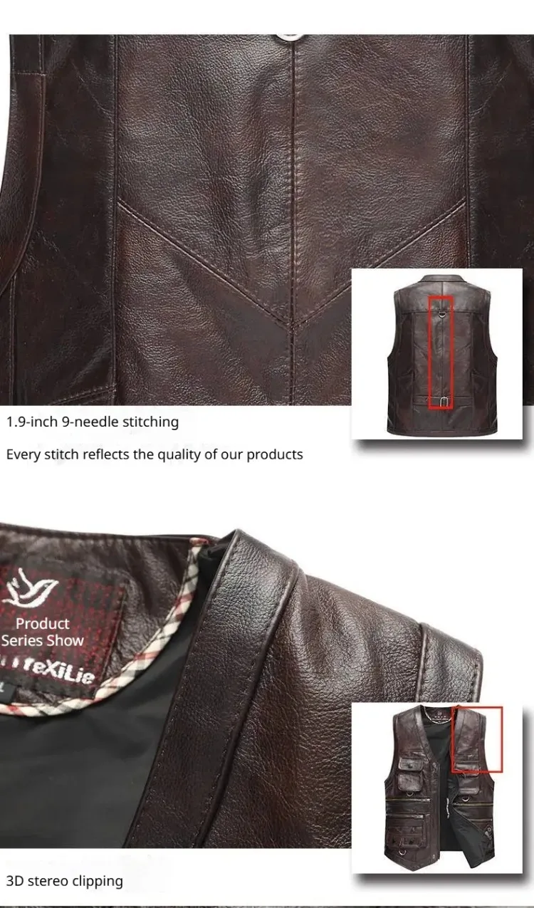6XL Big Size Men's Real Leather Vest Genuine Sheepskin Thick Warm Quilted Lining Outdoor Fishing Waistcoat Multi-pocket Gilet