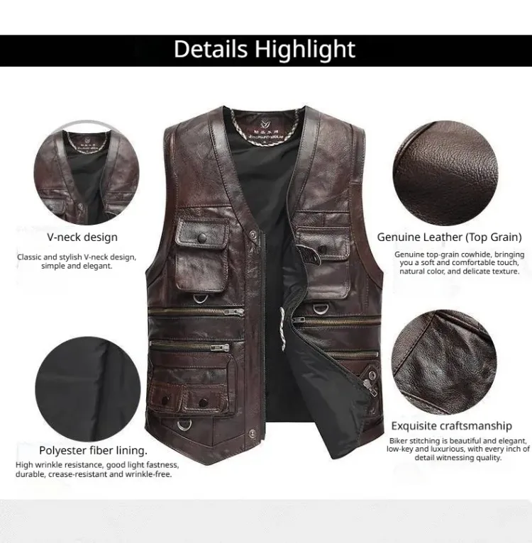 6XL Big Size Men's Real Leather Vest Genuine Sheepskin Thick Warm Quilted Lining Outdoor Fishing Waistcoat Multi-pocket Gilet