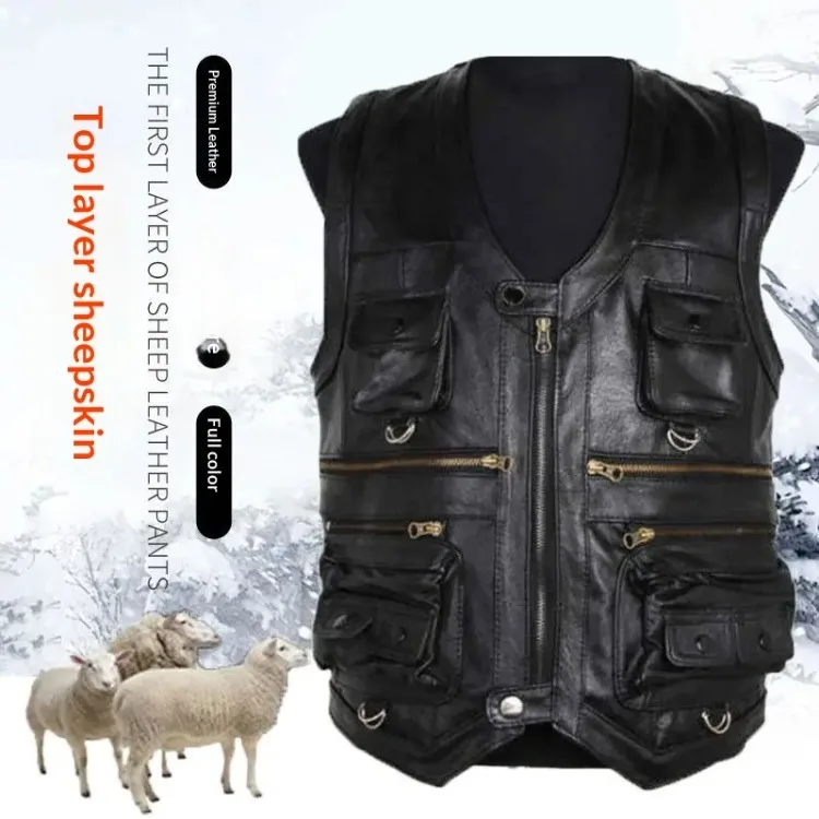 6XL Big Size Men's Real Leather Vest Genuine Sheepskin Thick Warm Quilted Lining Outdoor Fishing Waistcoat Multi-pocket Gilet