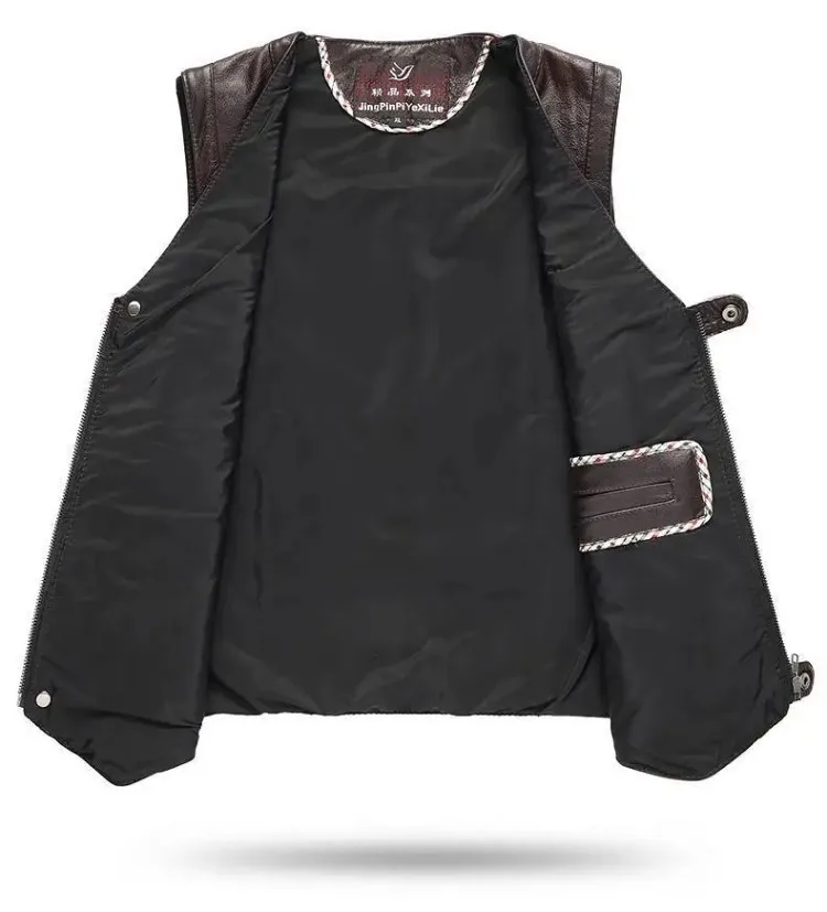 6XL Big Size Men's Real Leather Vest Genuine Sheepskin Thick Warm Quilted Lining Outdoor Fishing Waistcoat Multi-pocket Gilet