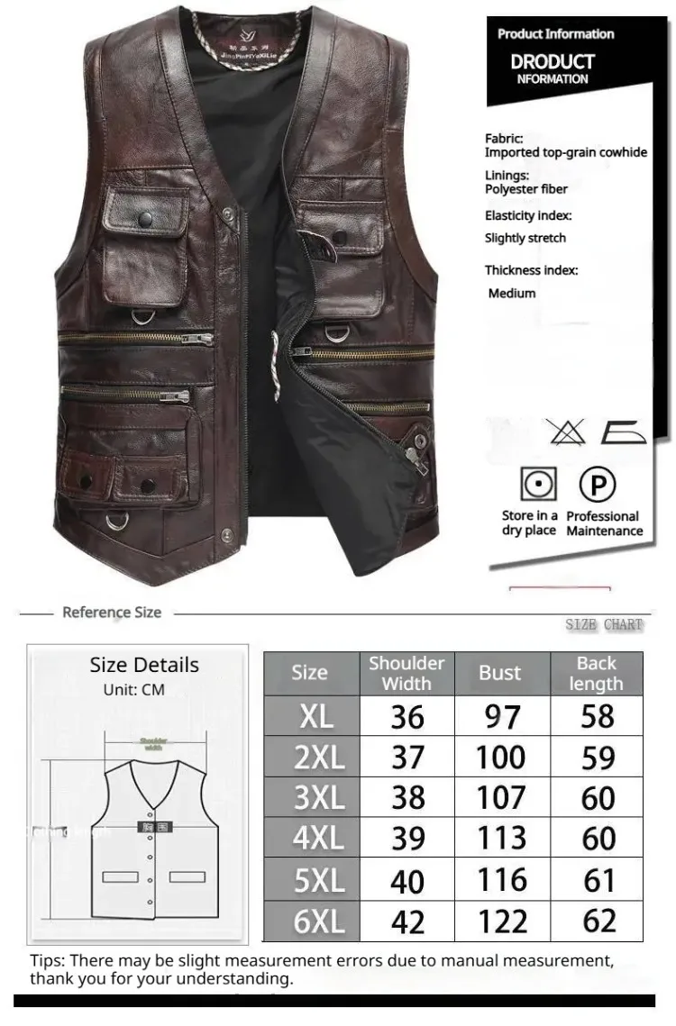 6XL Big Size Men's Real Leather Vest Genuine Sheepskin Thick Warm Quilted Lining Outdoor Fishing Waistcoat Multi-pocket Gilet