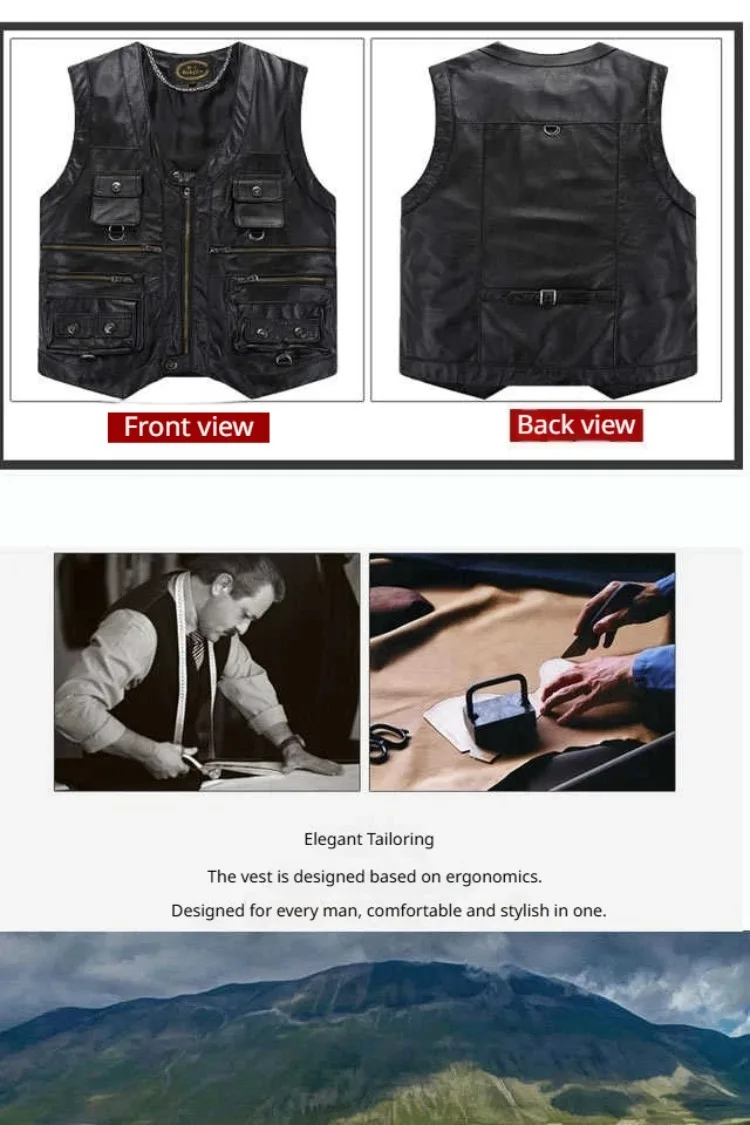 6XL Big Size Men's Real Leather Vest Genuine Sheepskin Thick Warm Quilted Lining Outdoor Fishing Waistcoat Multi-pocket Gilet